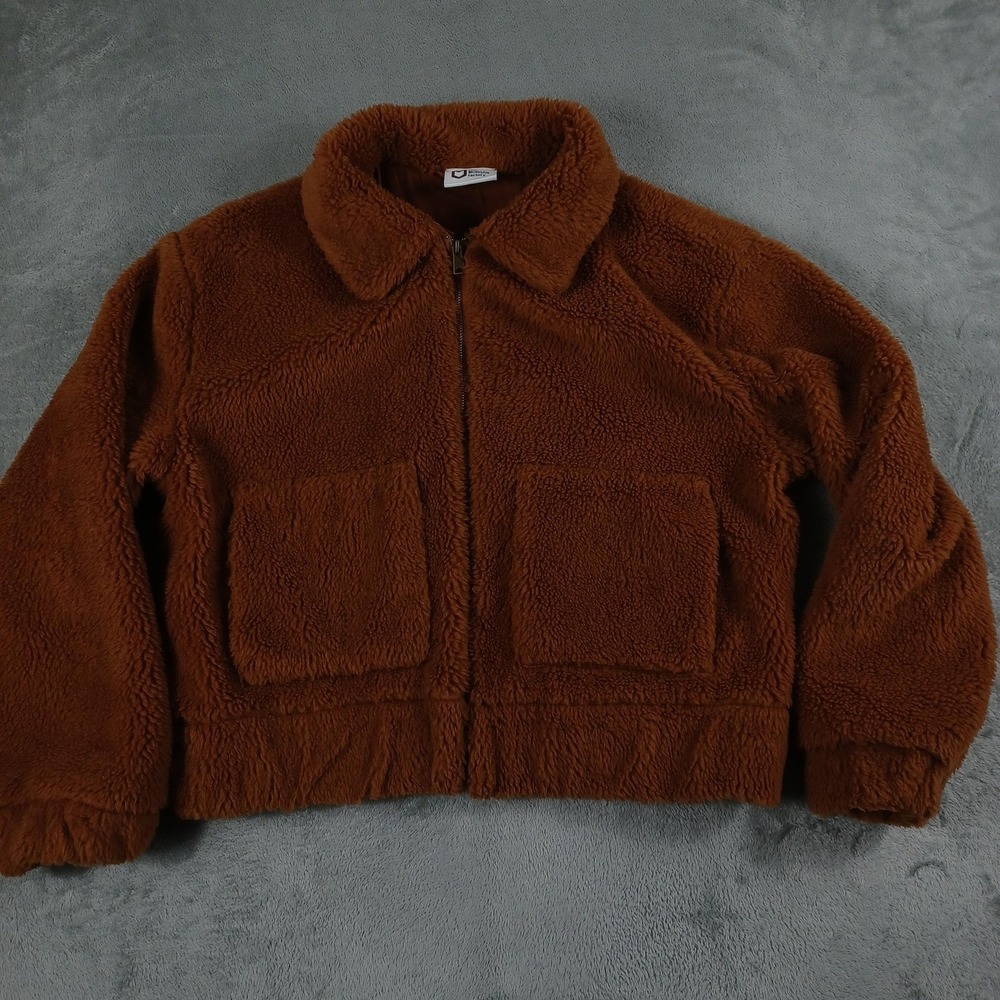 Morgan Factory Jacket Womens Large Brown Sherpa‎ Fleece Full Zip Lace Patch USA